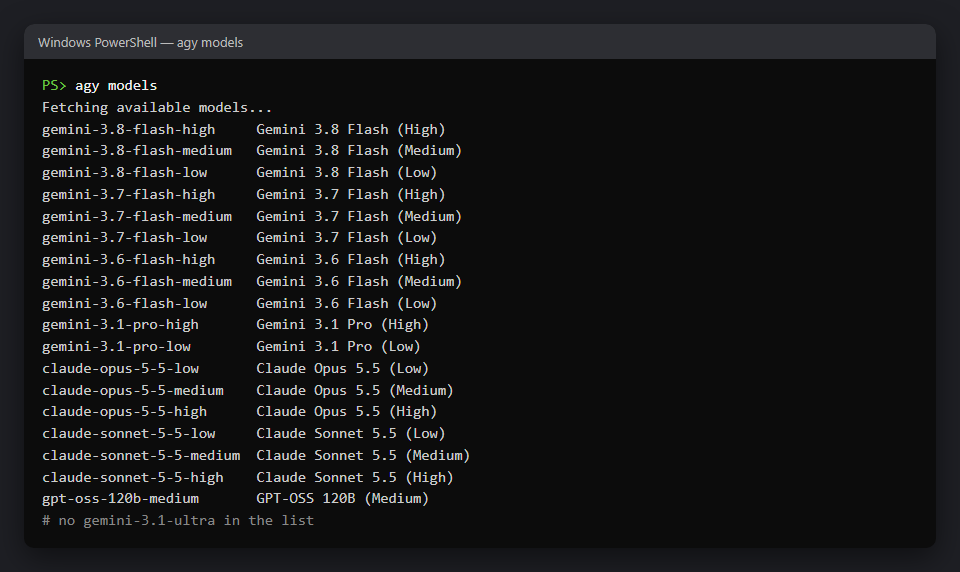 agy models output listing 18 models, none of them Gemini 3.1 Ultra